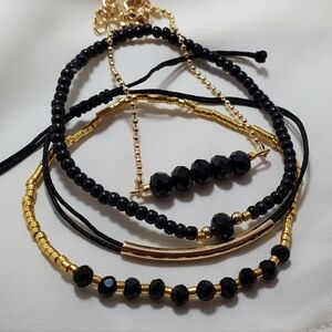Elegant Black and Gold Beaded Bracelet Set Of 4 Stackable